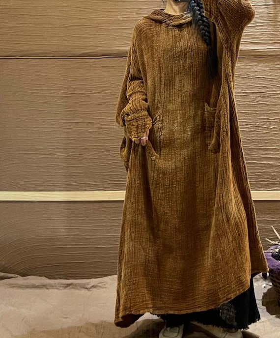 Womens Spring Loose Linen Maxi Dress, Autumn Hooded Dresses With Pockets, Vintage Casual Dress