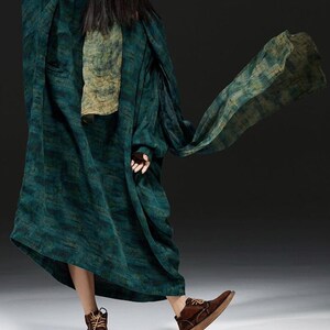 Abito lungo autunnale in lino da donna, abiti con tasche, abito floreale oversize casual, vestaglia pullover retrò