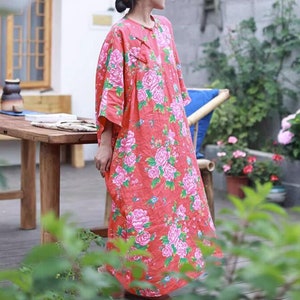 Women Loose linen dresses, Red floral dress, summer dresses for women linen, dress with pockets, boho dresses for women, Retro dress image 2