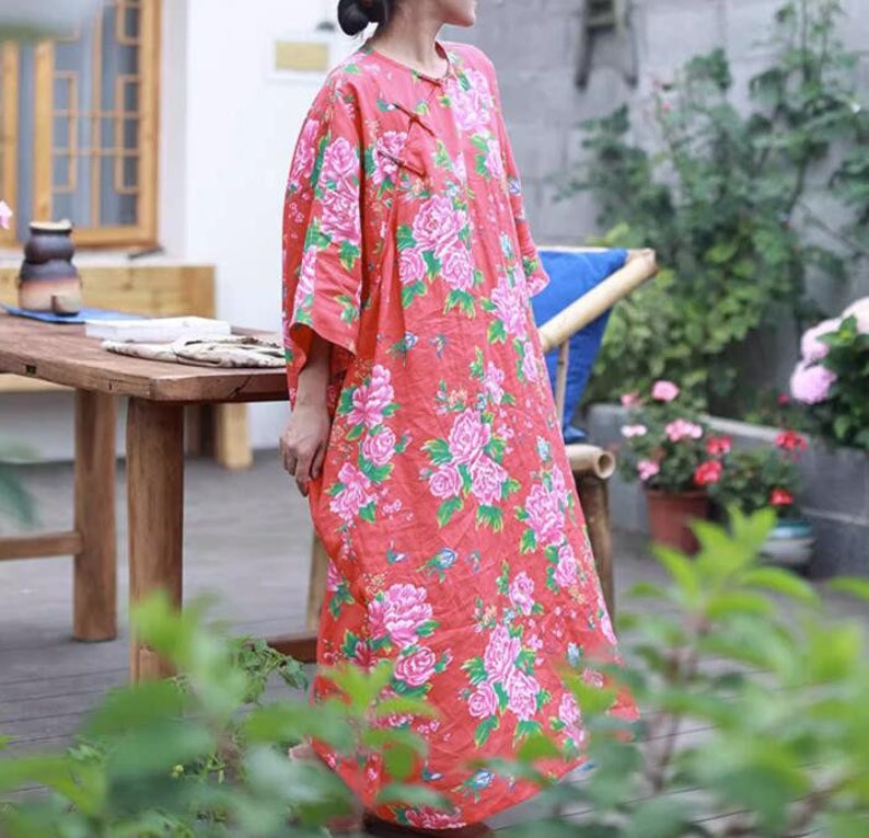 Women Loose linen dresses, Red floral dress, summer dresses for women linen, dress with pockets, boho dresses for women, Retro dress image 2