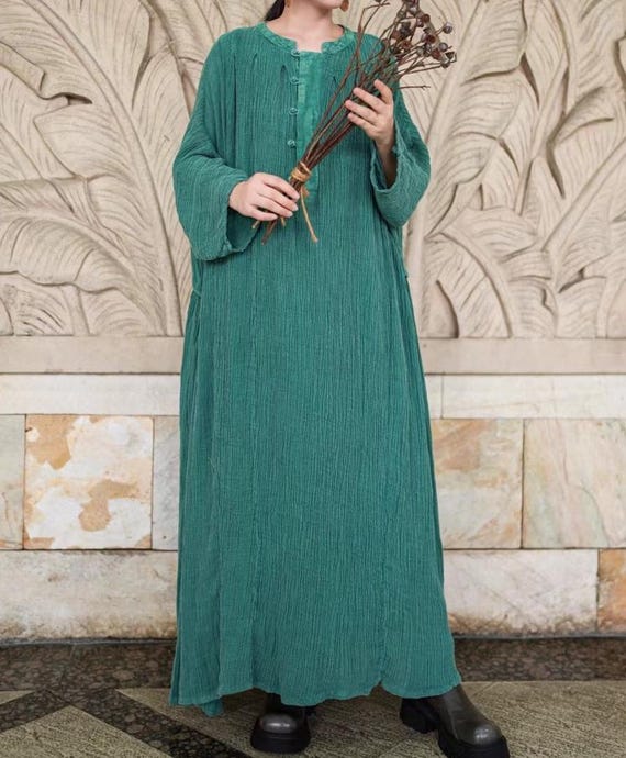 Loose Fit Linen Maxi Dress/ Autumn Women Dresses With Pockets