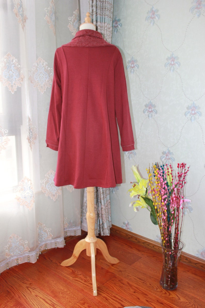 pockets dress longsleeve dress Soft comfortable dress Wine red Cotton dress