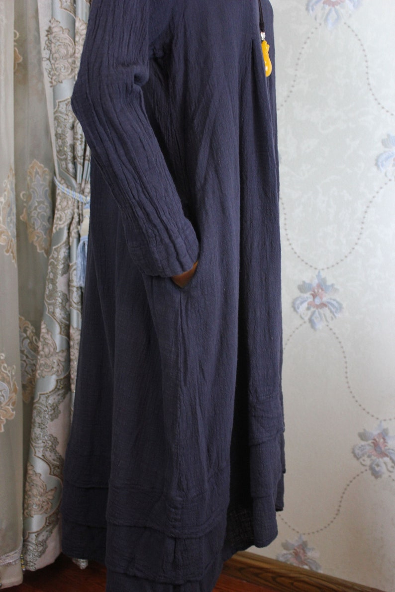 Women cotton long dress, longsleeved dress, Pockets dress, midi Dress, solid color dress image 10