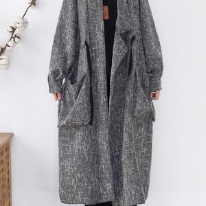 Womens Linen loose long coat, Womens Windbreaker, spring large size coat, gray coat, oversized coat image 5