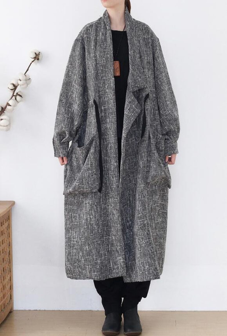 Womens Linen loose long coat, Womens Windbreaker, spring large size coat, gray coat, oversized coat image 5