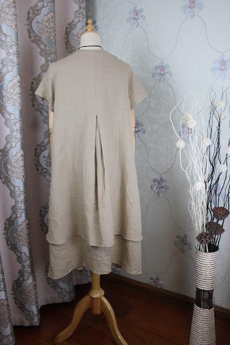 Summer dress, Loose Fitting dress, Khaki midi Dress, blue linen dress, Layered Linen Dress image 4