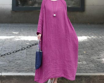 Women Spring Linen Maxi Dress, Purple Loose Fit Long Dress, Dresses with Pockets