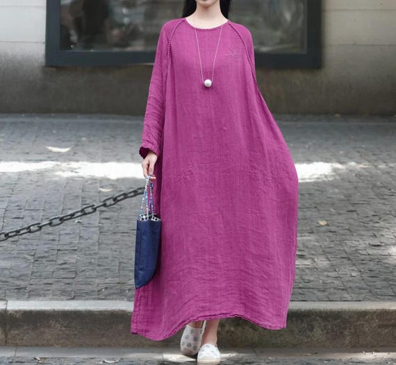 Women Spring Linen Maxi Dress, Purple Loose Fit Long Dress, Dresses with Pockets