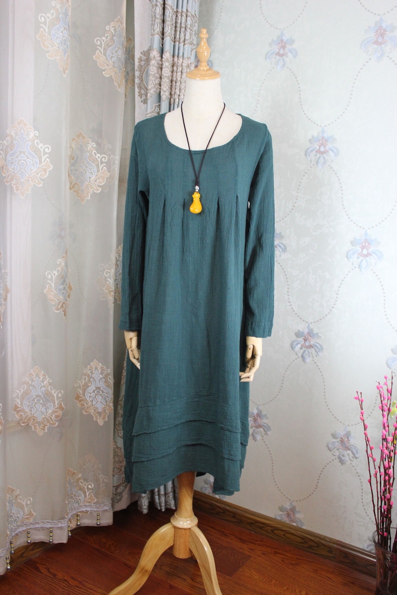 Women cotton long dress, longsleeved dress, Pockets dress, midi Dress, solid color dress image 2