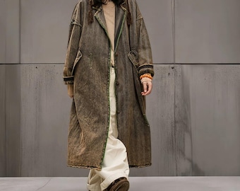 Cotton denim Maxi Coat, Women Spring Autumn Windbreaker, Oversized Casual Long Coats For women