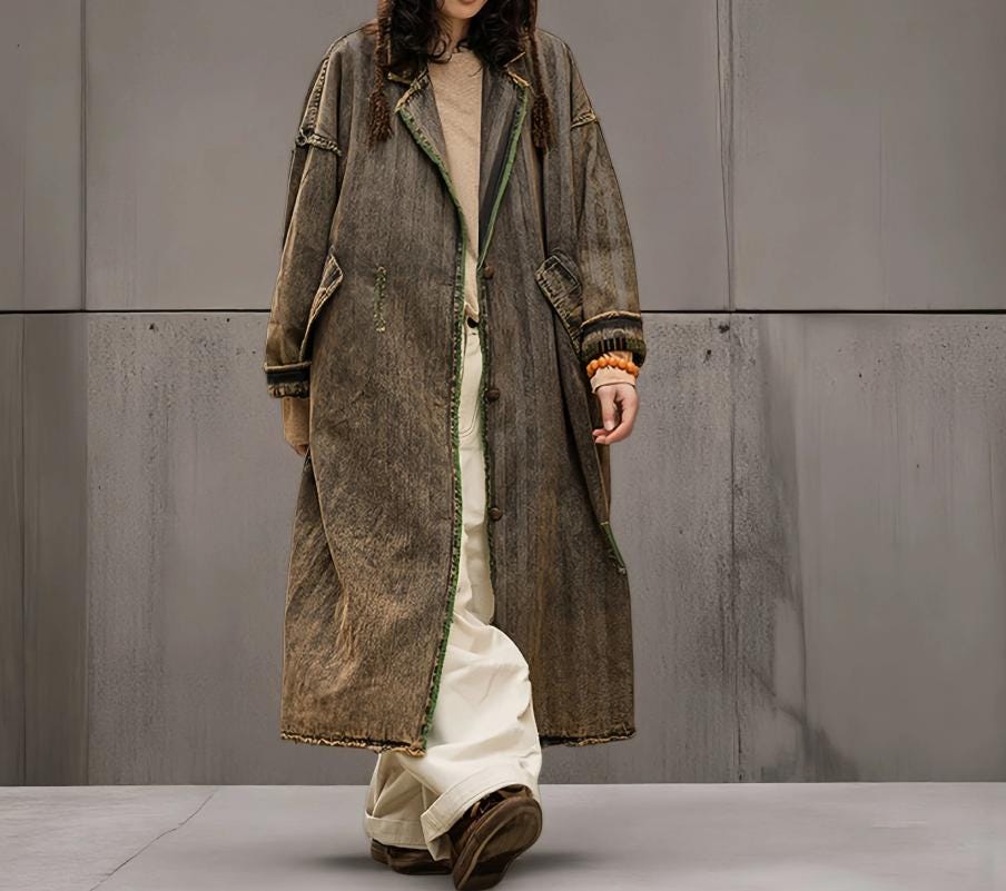 Cotton Denim Maxi Coat, Women Spring Autumn Windbreaker, Oversized