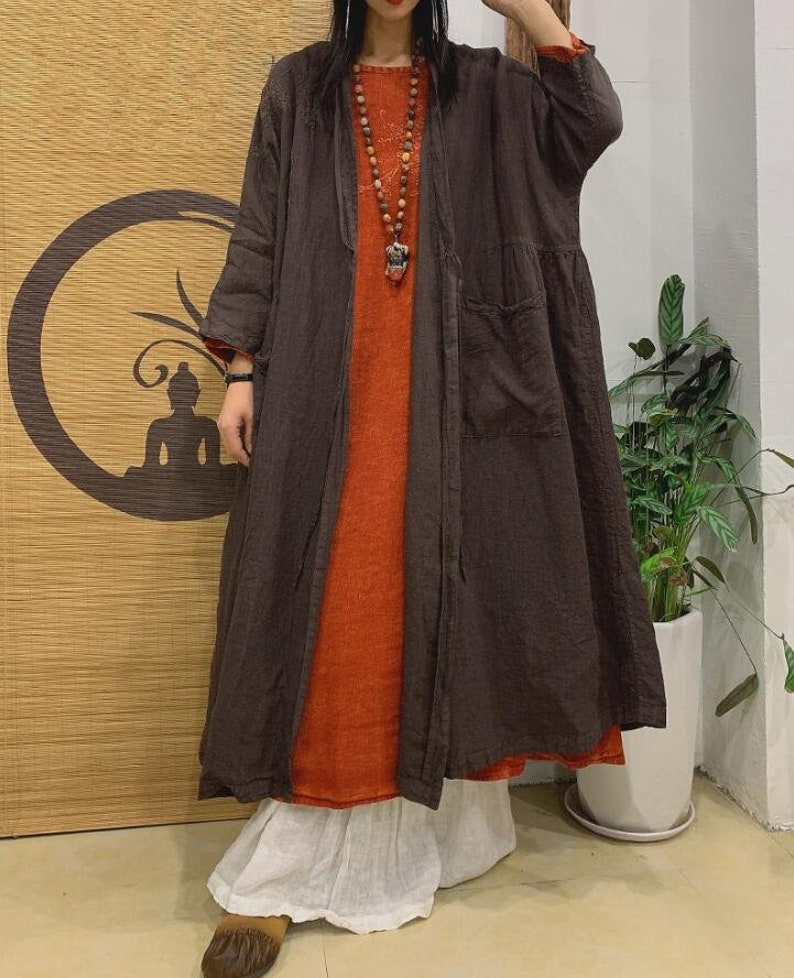 Linen coat for women, Maxi coat, coat with pockets, spring lace-up coat, long linen windbreaker, Womens Thin Coat, 3/4 Sleeves Linen coat image 2