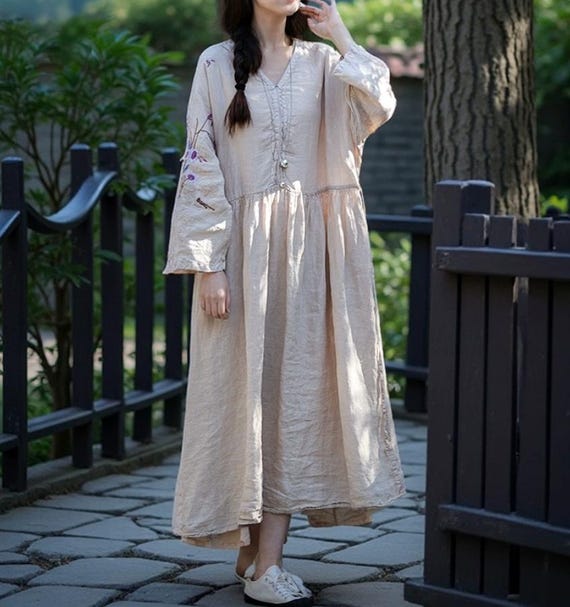 chinese dress ladies AQAYL Long Sleeve Linen Dresses for Women Pleated Summer Midi Dress Plus  Size Casual Spring Dress Beach Vacation Sundress Beige at Amazon Women's  Clothing store main image 1