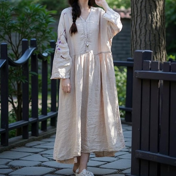 Women's Long Linen Dress, Loose dress with Pockets, Leisure Spring dresses for women