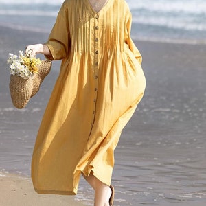 Loose Linen long Dresses, Women summer Dresses, Linen shirt dress, Linen Dresses with pockets, Linen kaftan, Long button down shirt image 1