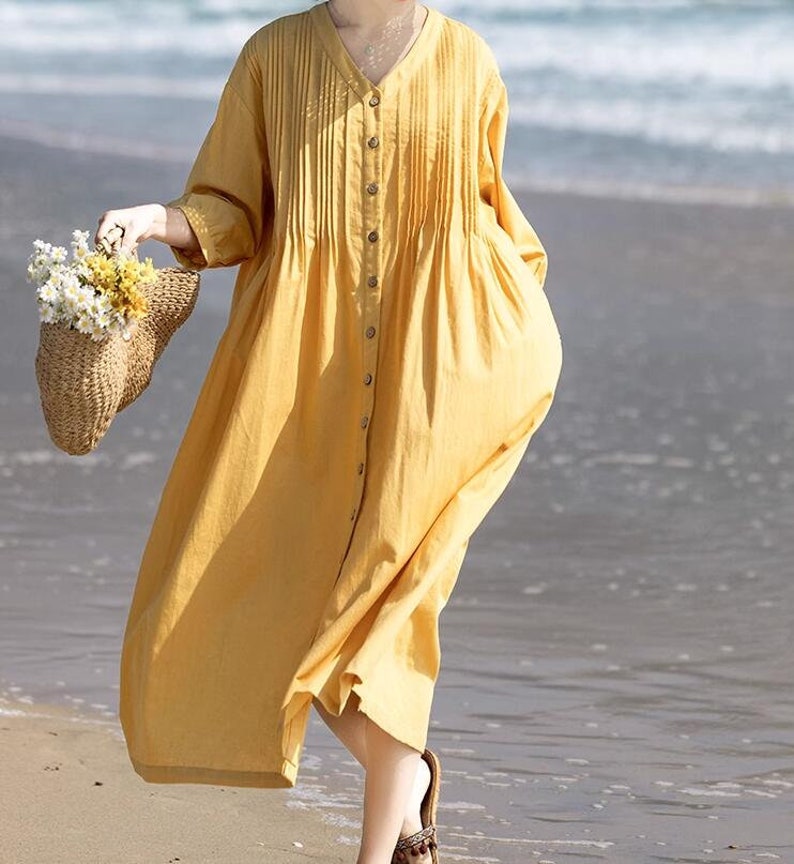 Loose Linen long Dresses, Women summer Dresses, Linen shirt dress, Linen Dresses with pockets, Linen kaftan, Long button down shirt image 1