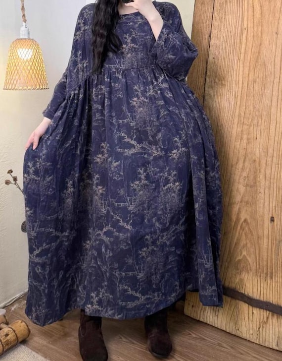 loose fitting spring dresses Women Cotton Long Dress, Loose Fit Spring Dress, Dresses with Pockets