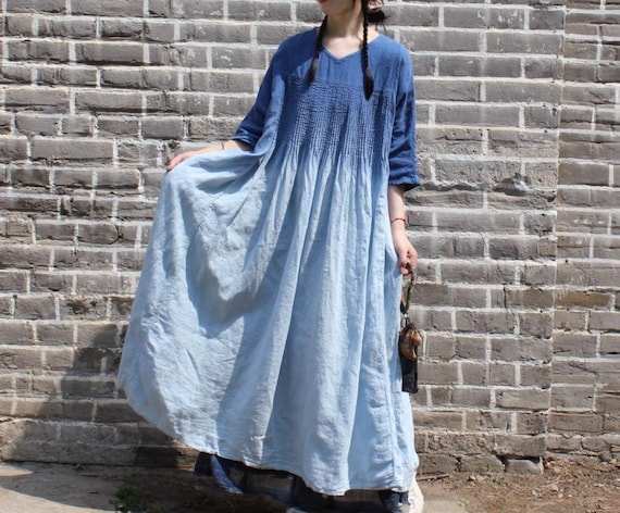 Women Casual Linen Maxi Dress, Blue Summer Dresses With Pockets, Prom Dress