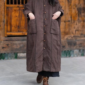 Women Winter outerwear, Linen Long coat, Loose Fit padded coat, Linen winter coat, Coat for women, Linen Robe, Winter Warm coat image 7