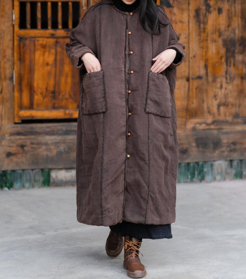 Women Winter outerwear, Linen Long coat, Loose Fit padded coat, Linen winter coat, Coat for women, Linen Robe, Winter Warm coat image 7