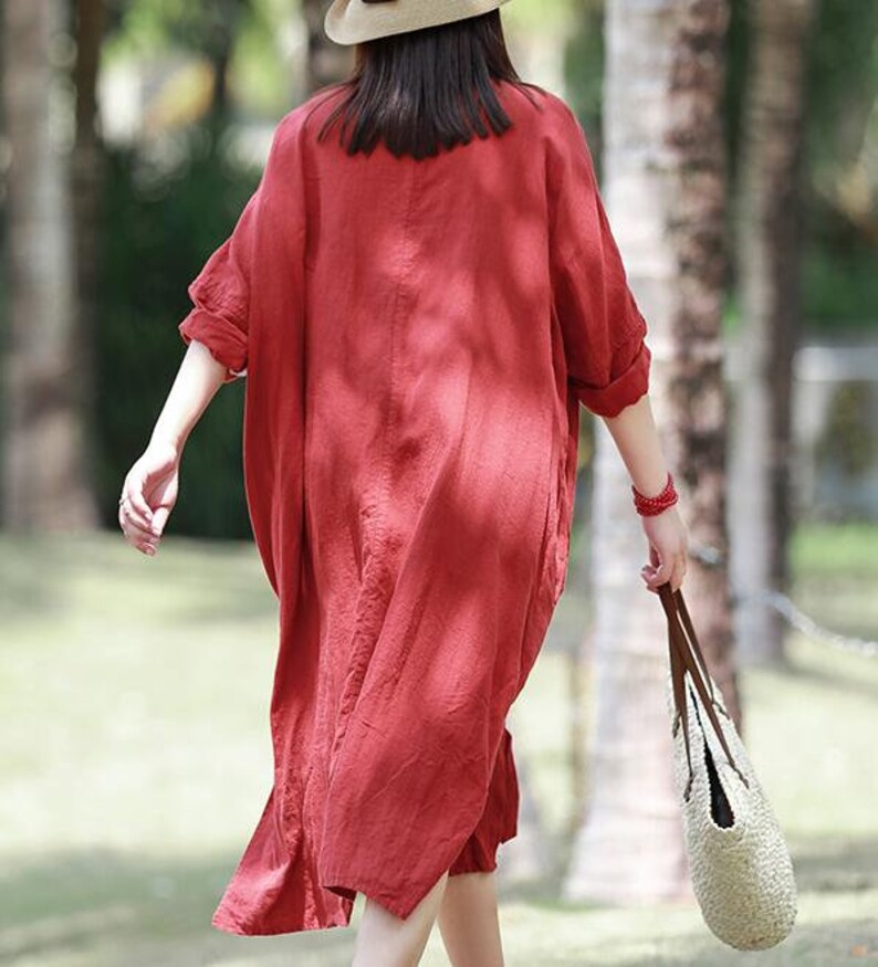 Red Linen Dress Linen Shirt Dress Long Sleeve Linen Midi Etsy