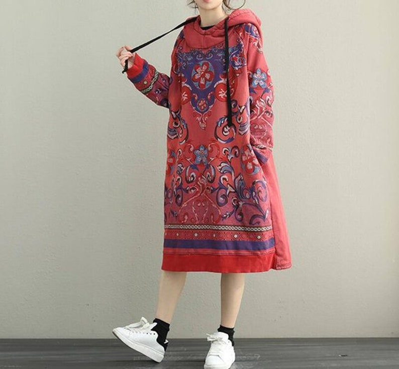 Women Hooded Dresses, Cotton midi dress, longsleeved dress, large size dress, boho dress, Loose dress, women dresses for Spring image 4