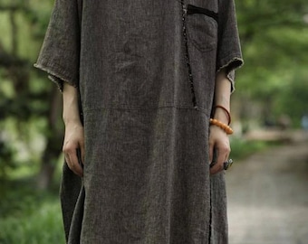 Summer Linen Long Dress, Women Oversized Dress, Asymmetrical striped Shirt Dresses