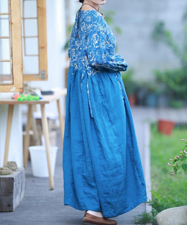 Women blue maxi dress, Linen long dress, loose Dress with Pockets, Prom Dress, Cocktail Dress, Linen Dresses for women, party dress image 6