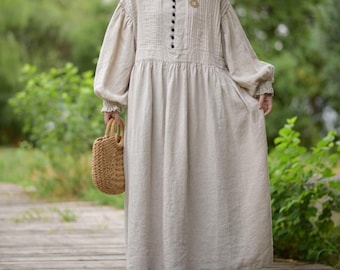 Women's Linen Maxi Dress with Pockets, dresses for women, Long sleeved Dresses