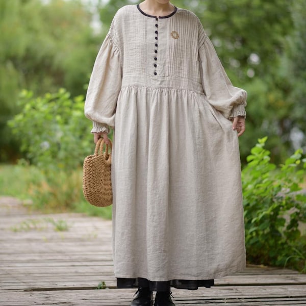Robe longue printanière en lin avec poches, robes pour femmes, robes à manches longues