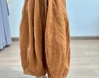 Lösa linnebyxor, vårbyxor med fickor, höstbyxor för kvinnor, casual bloomers