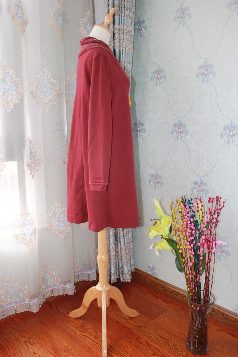 pockets dress longsleeve dress Soft comfortable dress Wine red Cotton dress