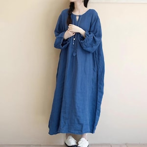 Oversized Blue Linen Dress Women Autumn Loose Fit Long Dress