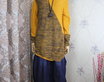 Women yellow Blouse, Women top, knitwear shirt, Knit sweater, Long Sleeve sweater