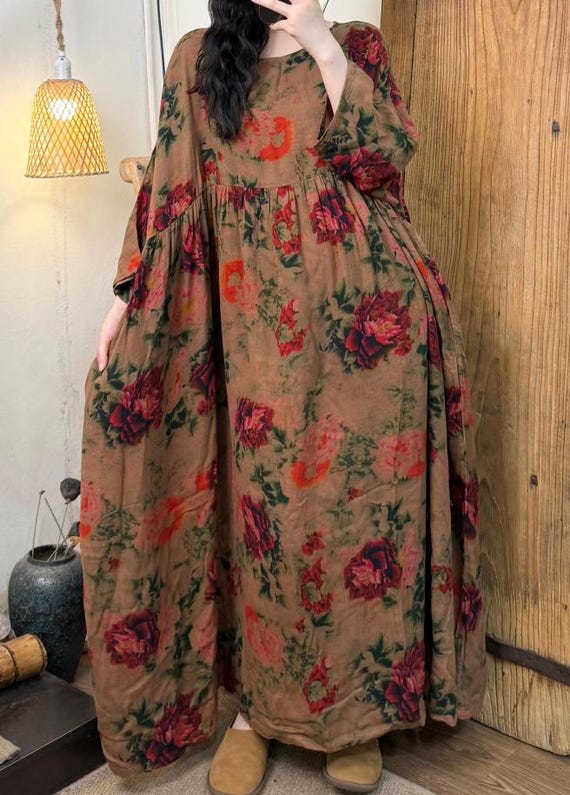 Women Floral Cotton Maxi Dress Vintage Style Summer Dress with Pockets