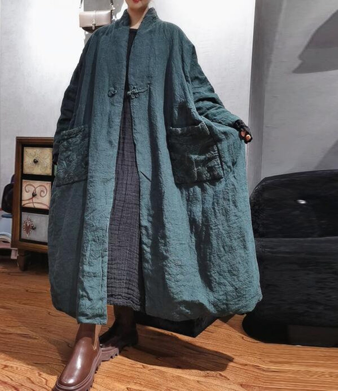 Women Winter Linen Maxi Coat, Vintage Long Coat, Padded Coat, Linen ...