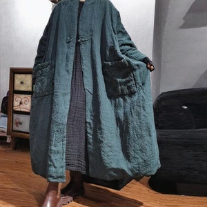 Dames winterlinnen maxijas, vintage lange jas, gewatteerde jas, linnen gewaad, oversized jas, linnen winterbovenkleding, warme winterjas