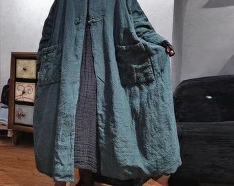 Women winter linen maxi coat, vintage long coat, padded coat, linen robe, oversized coat, Linen Winter outerwear, Warm Winter Coat