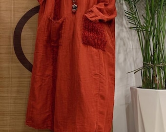 Women Loose Linen Maxi Dress, Spring Dresses With Pockets, Long Sleeve Dress for Women's