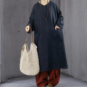 Spring Autumn Linen Long Dress Women's, Minimalist Oversized Dress With Pockets, Dresses for women navy blue