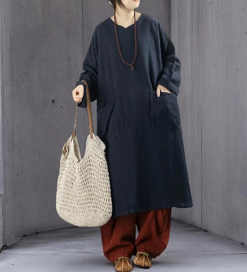 Spring Autumn Linen Long Dress Women's, Minimalist Oversized Dress With Pockets, Dresses for women navy blue