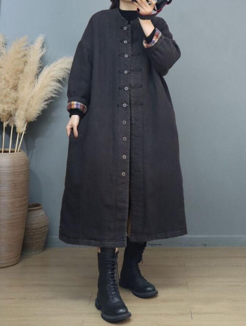 Winter Linen coat, Women Loose Fit Long coat, padded coat, Coat for women, warm linen outerwear, Coats With Pockets image 2