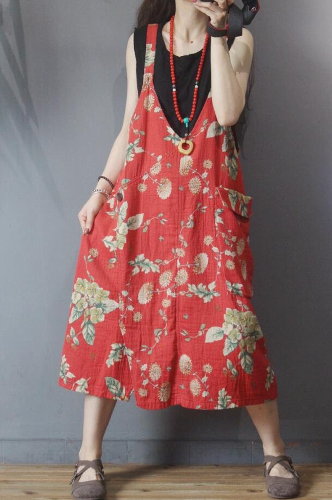 Red Big Pocket Dress Retro Dress Suspender Dress Midi - Etsy