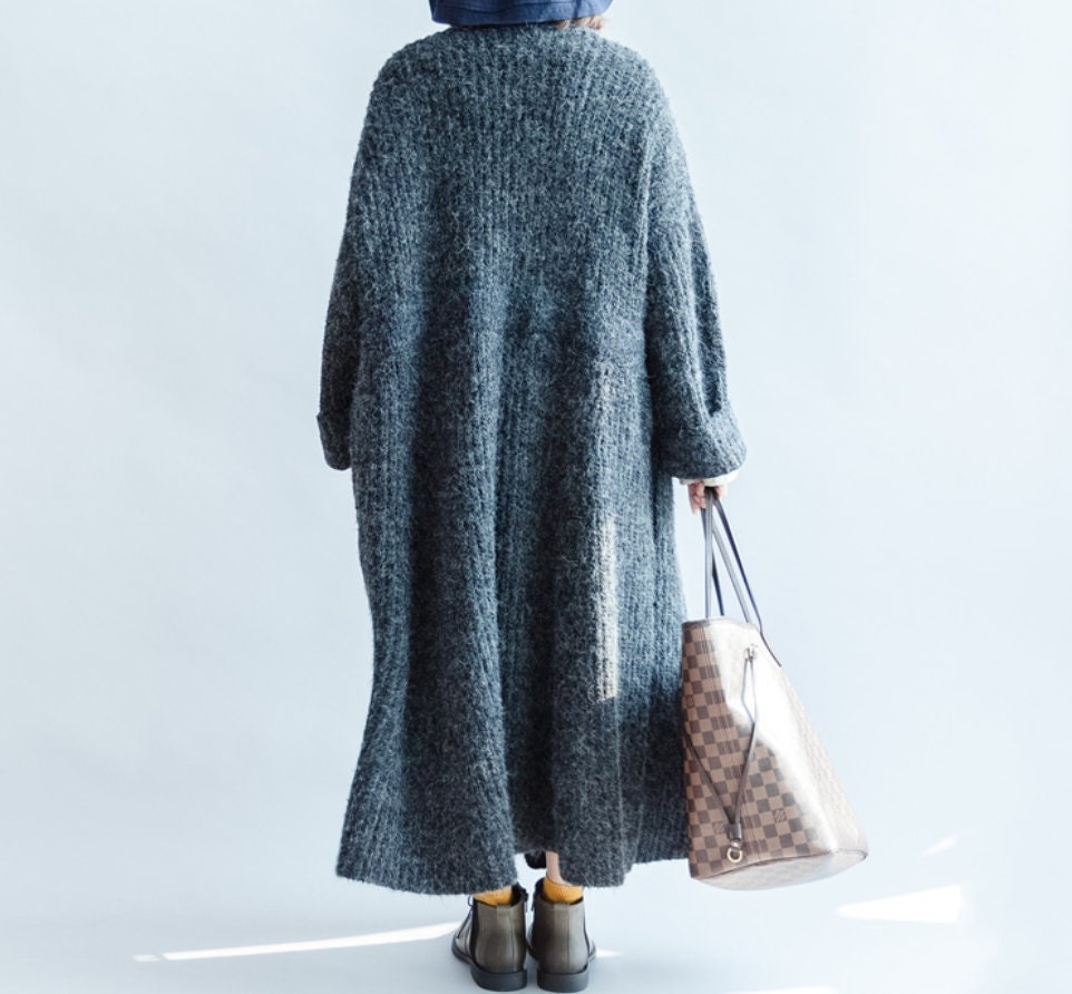 Women long coat Dark gray sweater coat Waist tie long Etsy