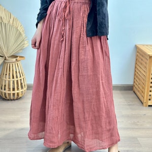 Women Linen skirt, Linen Skirt for women, Long Linen Skirt, skirt with pockets, Spring Swing Skirt, Elastic Waist Skirt orange red