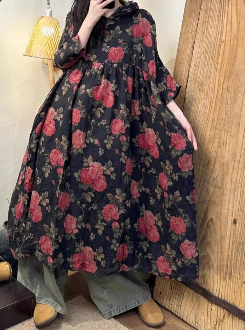 Women Cotton Dress, Summer Long Dress, Retro Loose Dresses, Hooded