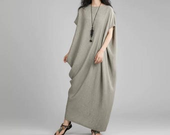 Summer asymmetrical Linen dresses, short sleeved Maxi Dress, Women Kaftan Dress with Pockets
