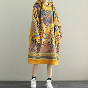 Women Hooded Dresses, Cotton midi dress, longsleeved dress, large size dress, boho dress, Loose dress, women dresses for Spring Yellow