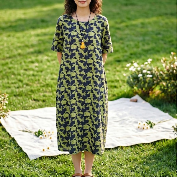 Robe d'été à manches courtes, robe caftan en lin pour femme avec poches
