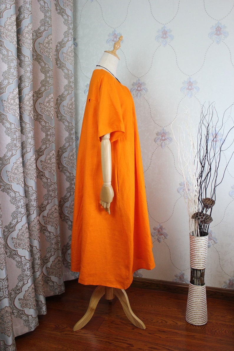 Orange maxi dress, women summer dress, linen Cotton pockets dress, Party dress image 3